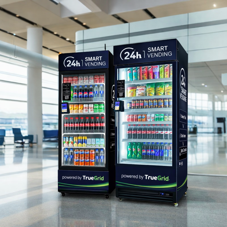 TrueGrid Smart AI Cooler fully stocked with drinks and snacks