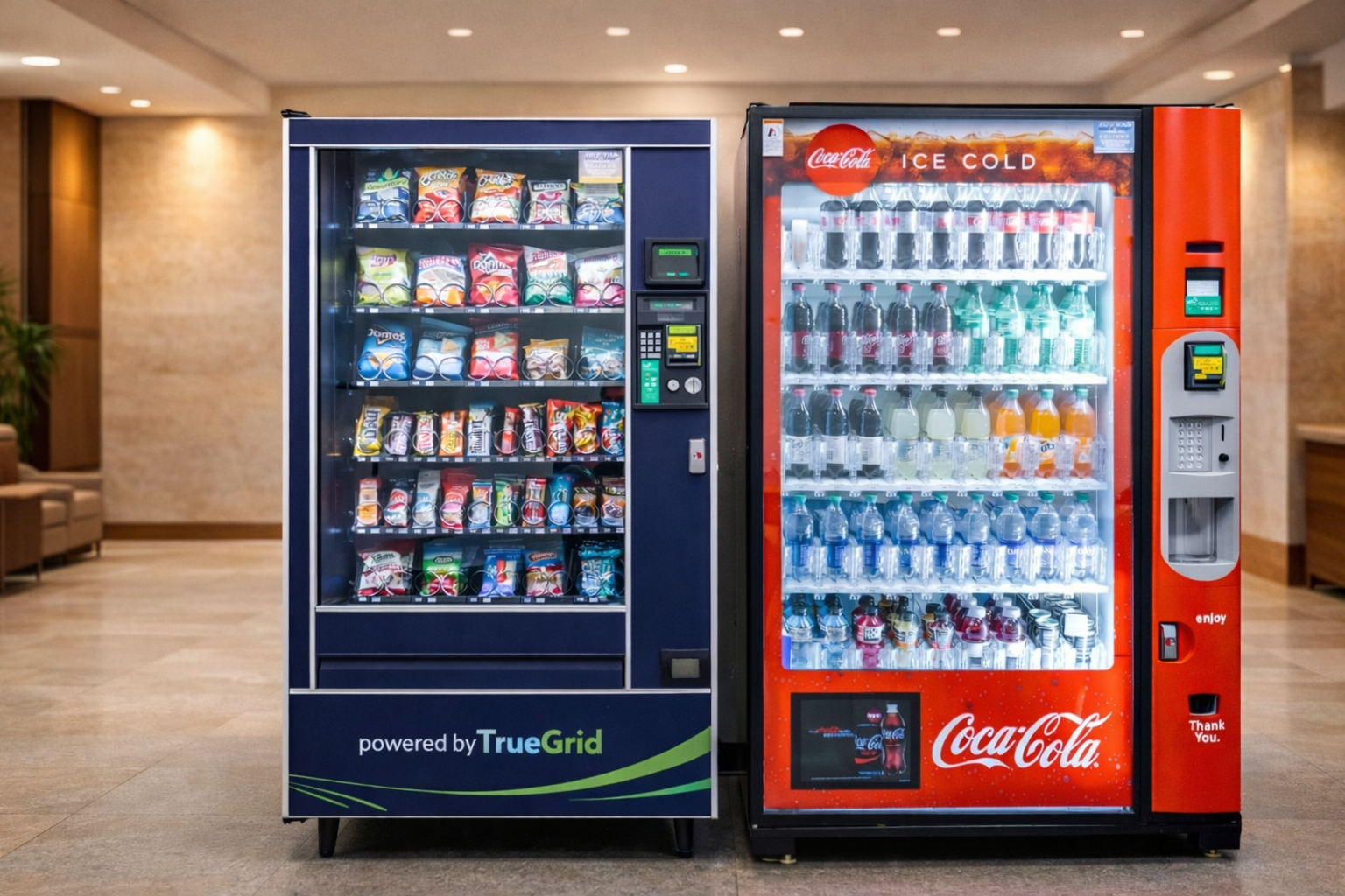 Traditional TrueGrid vending machines in a commercial breakroom